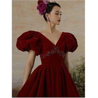 Puff-sleeve Rhinestone Embellished Wedding Gown