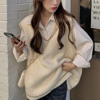 V-neck Knit Vest / Long-sleeve Plain Blouse