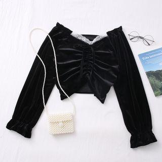 Lace-trim Drawstring Velvet Crop Top Black - One Size