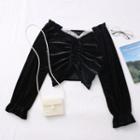 Lace-trim Drawstring Velvet Crop Top Black - One Size