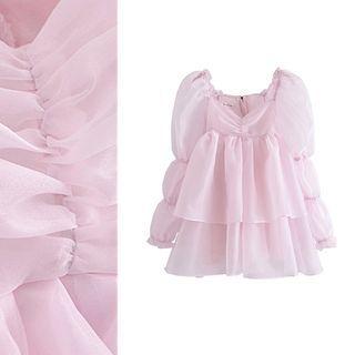 Puff Sleeve Open Back Tiered Mini Dress