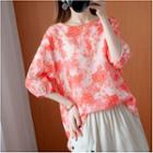 Floral Elbow-sleeve Blouse Tangerine - One Size