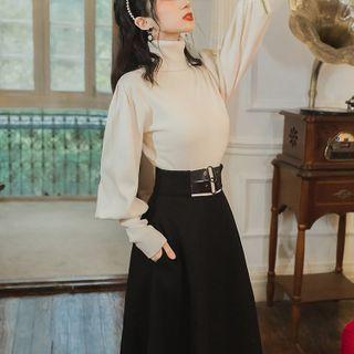 Set: Turtleneck Lantern-sleeve Top + Midi A-line Skirt