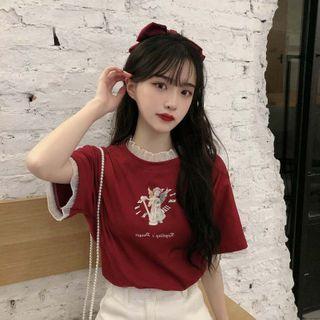 Mesh Trim Mock Two Piece Printed T-shirt