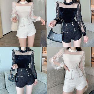 Long-sleeve Mesh Panel Mock-neck Top / High-waist Shorts