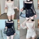 Long-sleeve Mesh Panel Mock-neck Top / High-waist Shorts