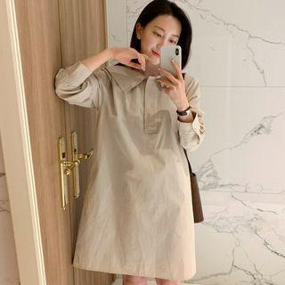 Collared Long-sleeve Mini Shift Dress Almond - One Size