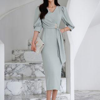 Elbow-sleeve Cinch-waist Midi Sheath Dress