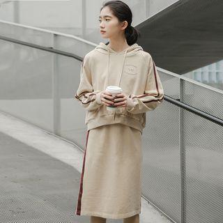 Set: Striped Lettering Hoodie + Midi Straight-fit Skirt