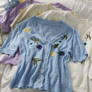Wave-edge Embroidered Button-up Knit Top In 5 Colors