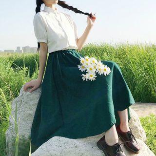 Set: Short-sleeve Shirt + Chiffon A-line Midi Skirt