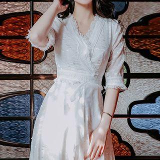 V-neck Fringed Trim Midi A-line Dress