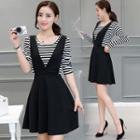 Set: Striped Long-sleeve T-shirt + Pinafore Dress