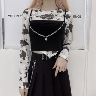 Long-sleeve Print Mesh Cropped Top / Chain-accent Camisole