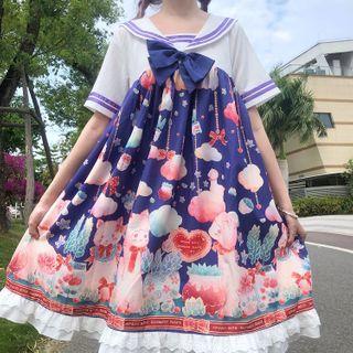 Printed Sailor Collar Short-sleeve A-line Dress