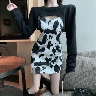 Long-sleeve Plain Cropped Top / Spaghetti Strap Animal Printed Slim Fit Dress
