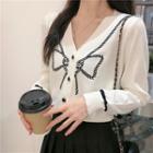Bow Embroidered Long-sleeve Knit Cardigan