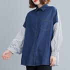 Long-sleeve Striped Panel Denim Shirt As Shown In Figure - One Size