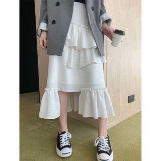 Irregular Ruffle Trim Midi A-line Skirt