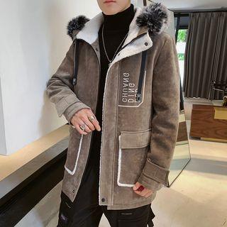 Furry Hood Letter Embroidered Zip Jacket