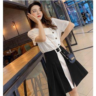 Set: Single-breasted Short-sleeve Collared Dress + Mini A-line Skirt