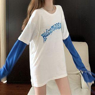 Mock Two-piece Lettering Long-sleeve T-shirt As Shown In Figure - One Size