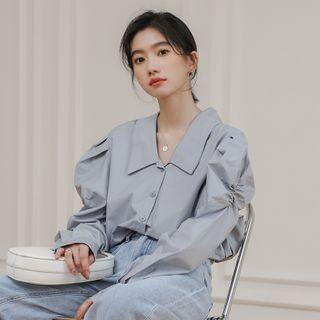 Plain Shirred Puff-sleeve Blouse Blue - One Size