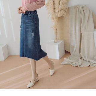 Slit-back Frayed Denim Pencil Skirt