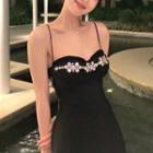 Spaghetti Strap Rhinestone Padded Midi A-line Dress