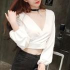 Long-sleeve V-neck Open-back Crop Top White - One Size
