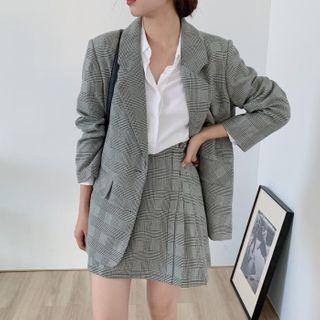 Houndstooth Blazer + High-waist Pleated Mini Skirt