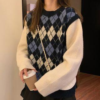 Mock Two-piece Argyle Print Sweater