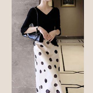 Set: Short-sleeve V-neck Top + Dotted A-line Skirt