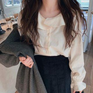 Long-sleeve Ruffle Trim Blouse / Pleated Mini A-line Skirt
