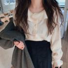 Long-sleeve Ruffle Trim Blouse / Pleated Mini A-line Skirt