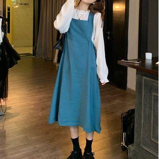 Ruffled Blouse / Midi A-line Overall Dress