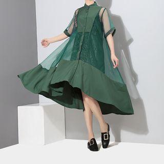 Set: Short-sleeve Mesh Panel Shirt Dress + Tank Dress