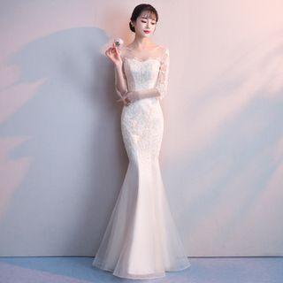 Elbow-sleeve Embroidered Mermaid Gown