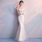 Elbow-sleeve Embroidered Mermaid Gown
