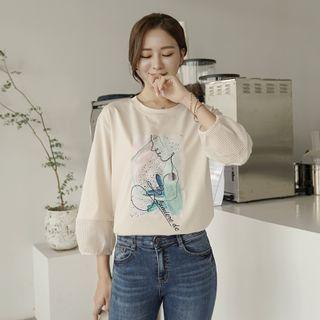 Balloon-sleeve Mesh-trim Printed T-shirt