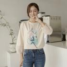 Balloon-sleeve Mesh-trim Printed T-shirt