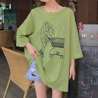 Elbow-sleeve Couple Print T-shirt