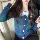 Peter-pan Collar Argyle Knit Cardigan Green - One Size