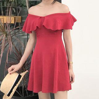 Off-shoulder Ruffle A-line Knit Dress