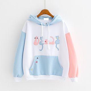 Cat Print Panel Long-sleeve Hoodie
