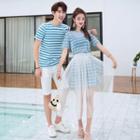 Couple Matching Striped Short-sleeve T-shirt / Shorts / Set: T-shirt Dress + Midi Skirt