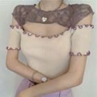 Lace Panel Cut-out Short-sleeve Cropped Knit Top