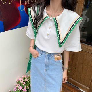 Elbow-sleeve Sailor-collar Polo Shirt