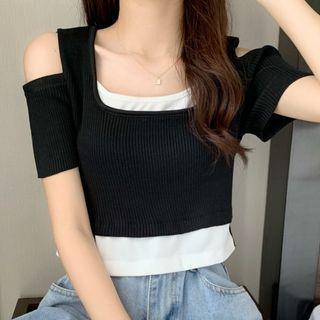 Mock Two-piece Short-sleeve Cold-shoulder Knit Top