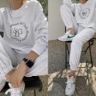 Set: Letter Print Sweatshirt + Jogger Pants Melange White - One Size